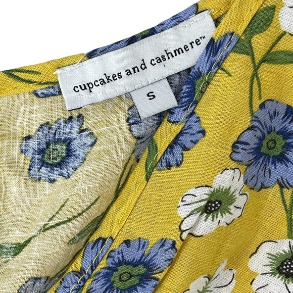 Cupcakes and Cashmere Floral Top Small Yellow Keyhole Open Back Linen Blend - Picture 14 of 16